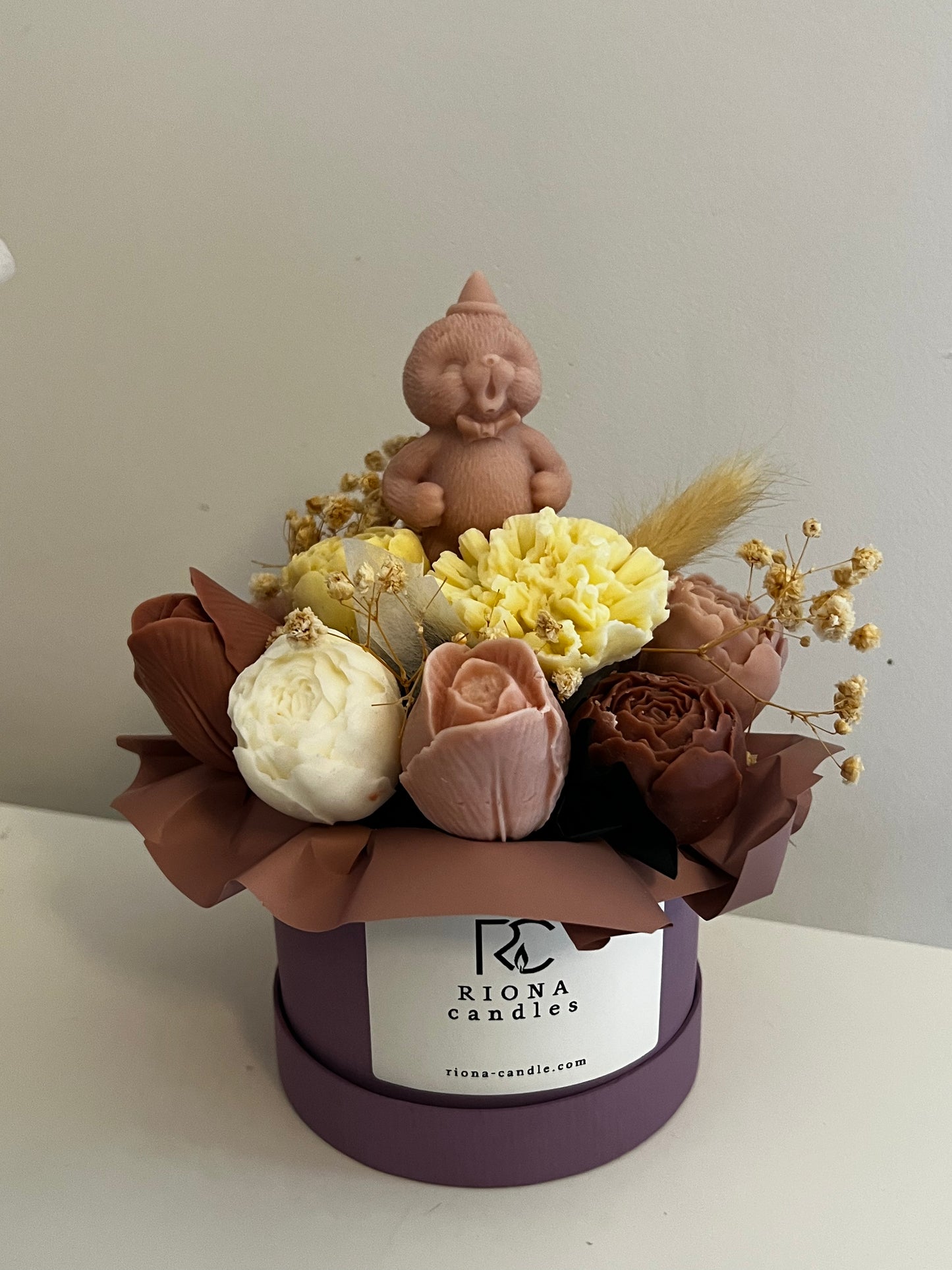 Autumn Teddy Bear – Mini scented candle bouquet